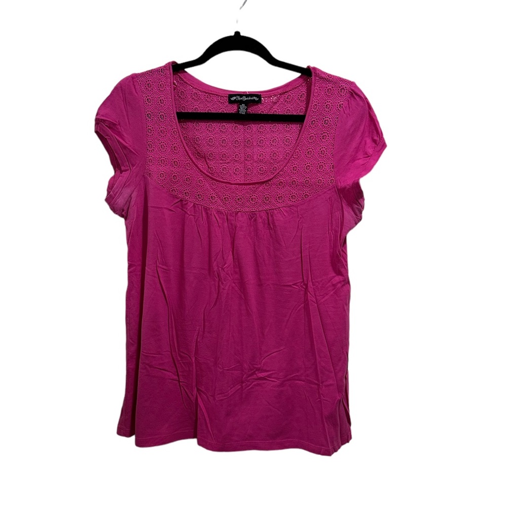 Y2K Short sleeve scoop neck shirt pink with crochet design size XL